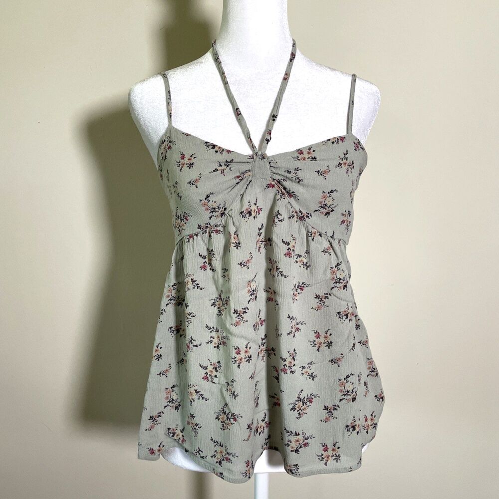 American Eagle Women's Green Floral Halter Tank Top Size S Cutout Cami Babydoll